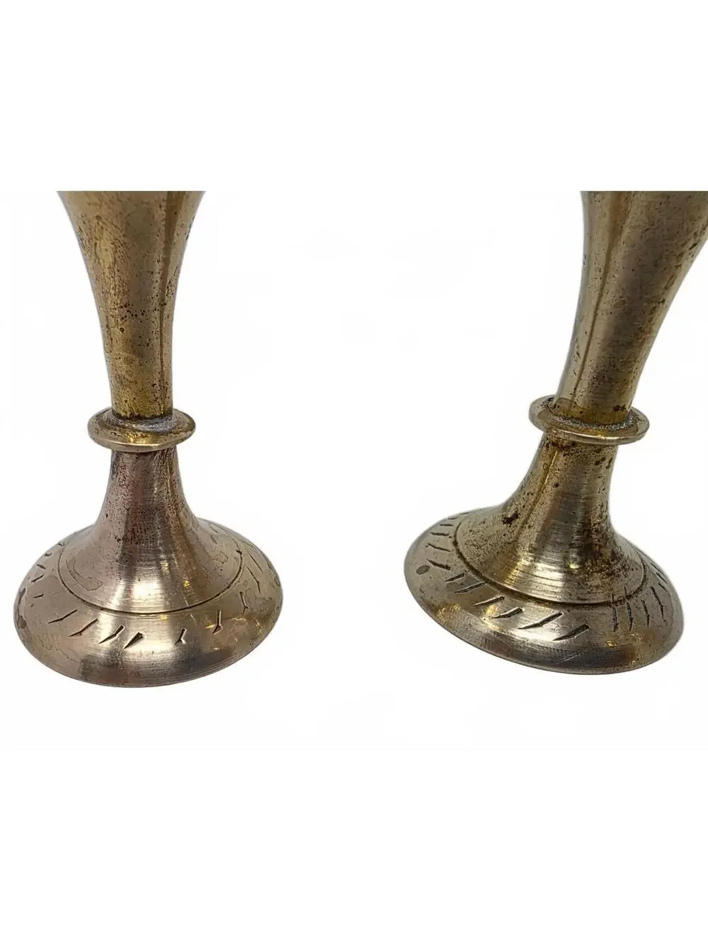 Vintage Indian Brass Vases Set of 4 Etched Floral Graduated Ruffled Rim